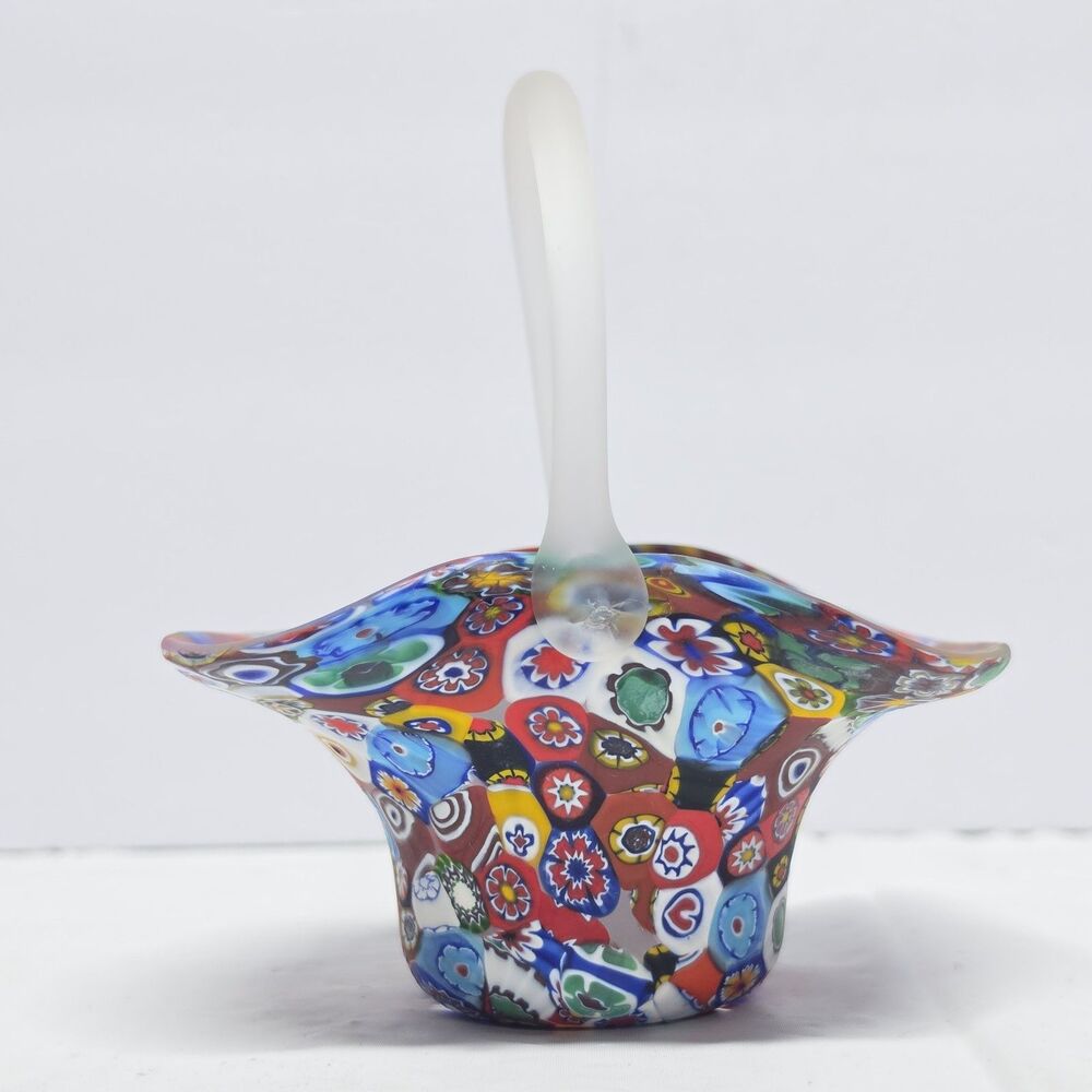 Vintage Murano Millefiori Basket Multicolor Satin Glass with Handle Italy